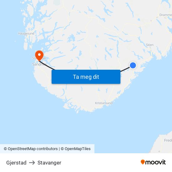 Gjerstad to Stavanger map
