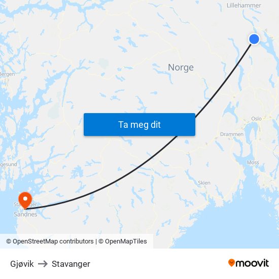 Gjøvik to Stavanger map