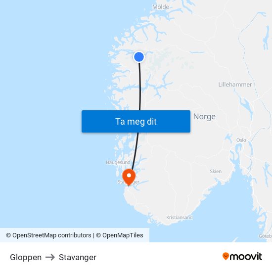 Gloppen to Stavanger map
