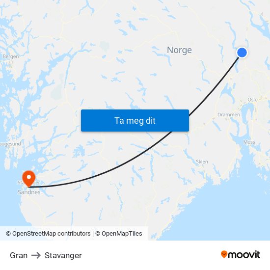 Gran to Stavanger map