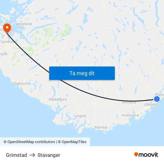 Grimstad to Stavanger map