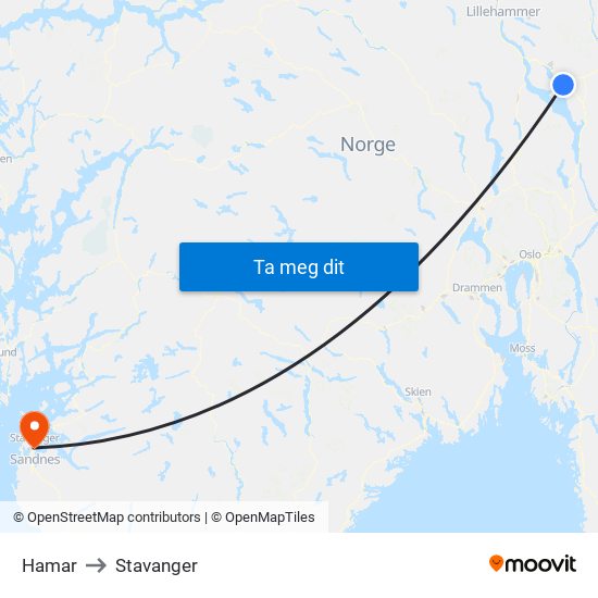 Hamar to Stavanger map