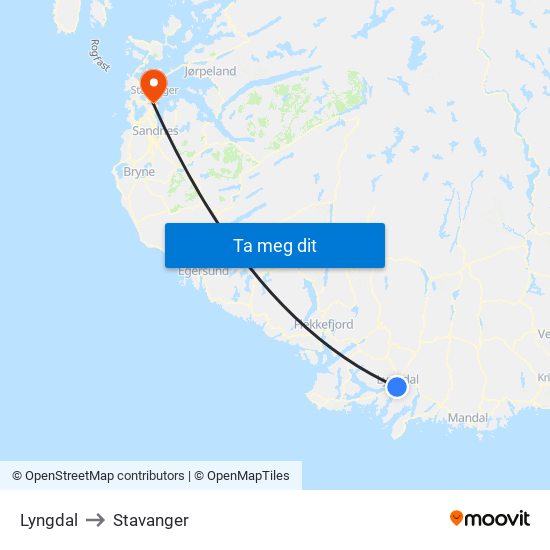 Lyngdal to Stavanger map