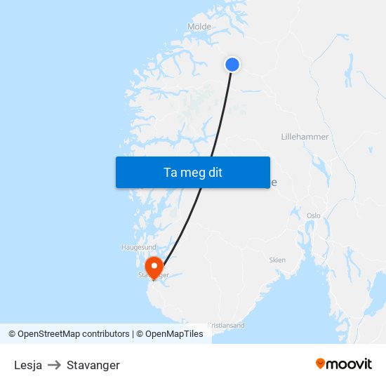 Lesja to Stavanger map
