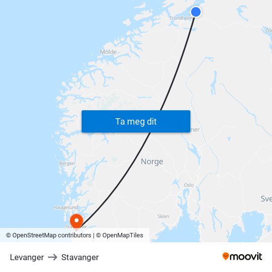 Levanger to Stavanger map