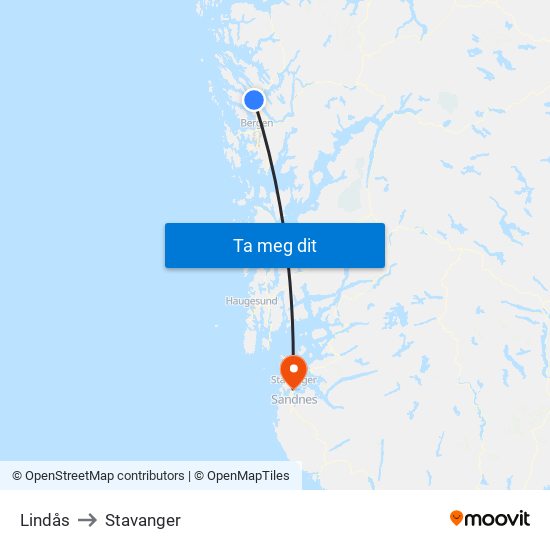 Lindås to Stavanger map