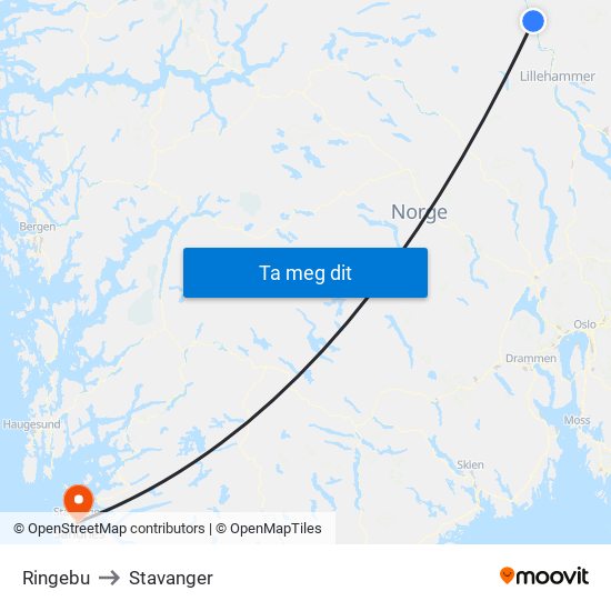 Ringebu to Stavanger map