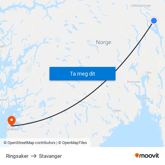 Ringsaker to Stavanger map