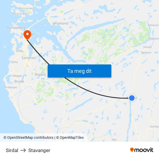 Sirdal to Stavanger map