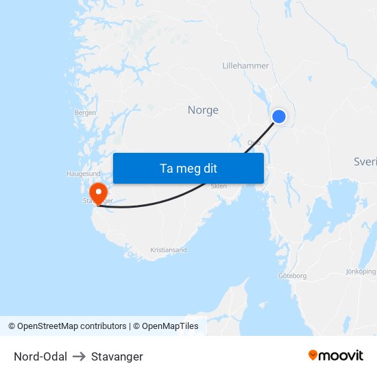 Nord-Odal to Stavanger map