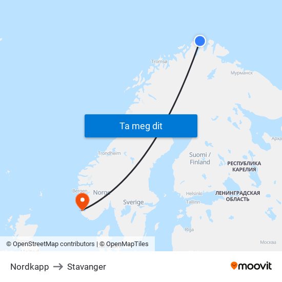 Nordkapp to Stavanger map