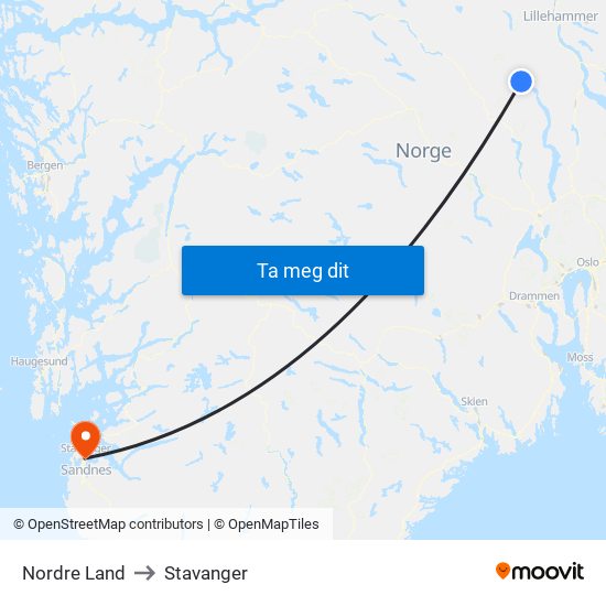 Nordre Land to Stavanger map