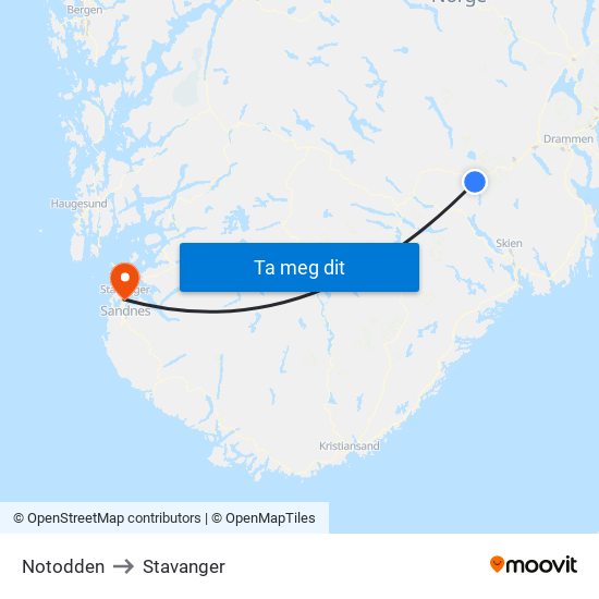 Notodden to Stavanger map