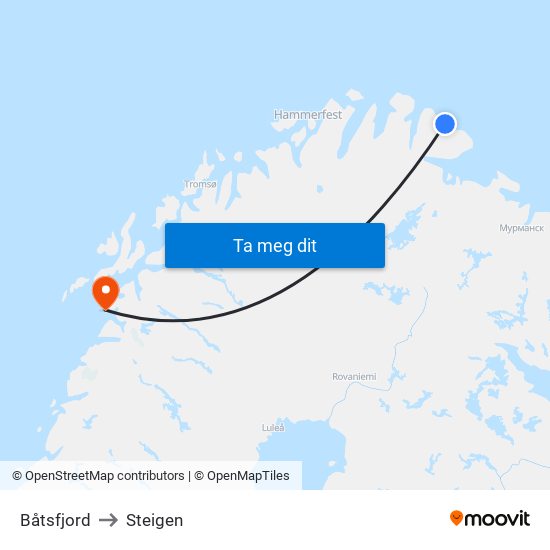 Båtsfjord to Steigen map
