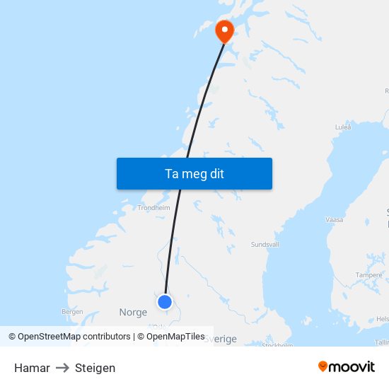 Hamar to Steigen map