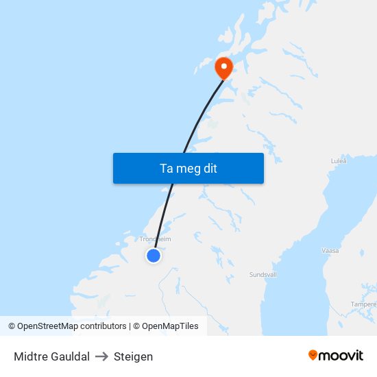 Midtre Gauldal to Steigen map