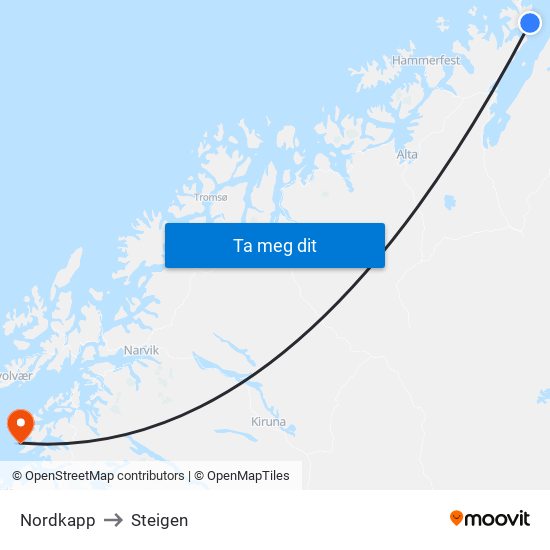 Nordkapp to Steigen map