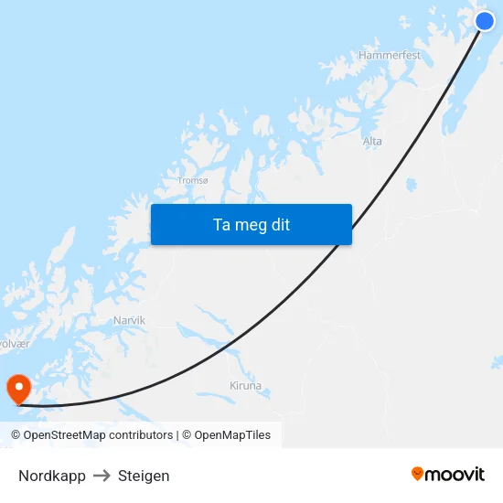 Nordkapp to Steigen map