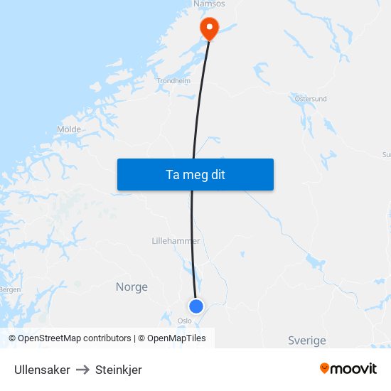 Ullensaker to Steinkjer map