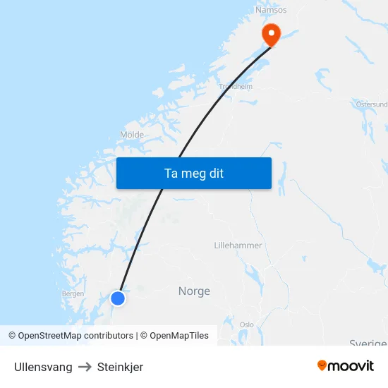 Ullensvang to Steinkjer map