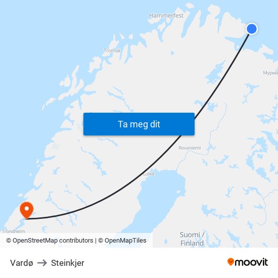 Vardø to Steinkjer map
