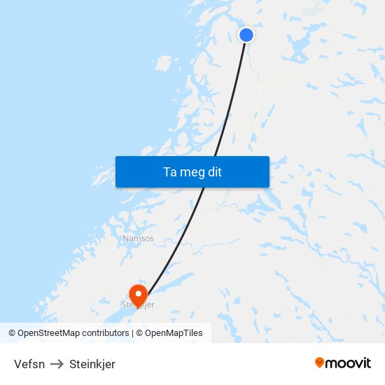 Vefsn to Steinkjer map