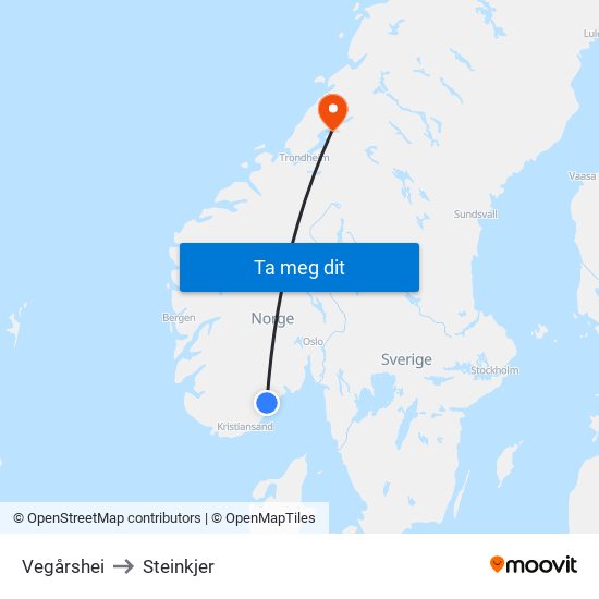 Vegårshei to Steinkjer map