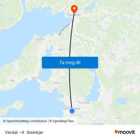 Verdal to Steinkjer map