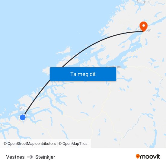 Vestnes to Steinkjer map