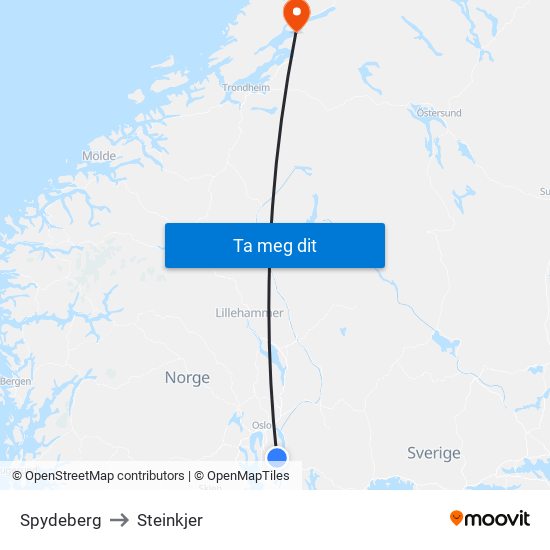 Spydeberg to Steinkjer map