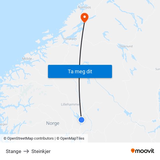 Stange to Steinkjer map