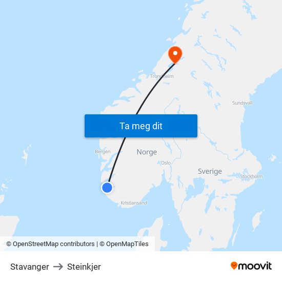 Stavanger to Steinkjer map