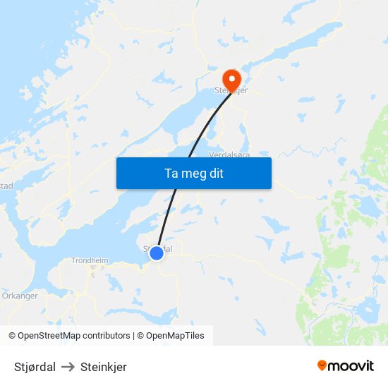 Stjørdal to Steinkjer map