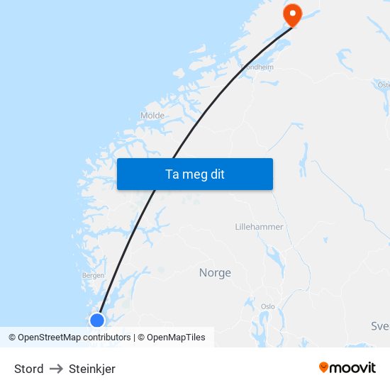 Stord to Steinkjer map