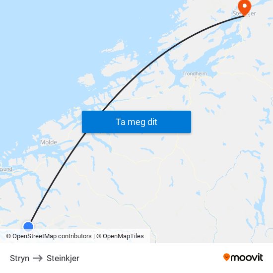 Stryn to Steinkjer map