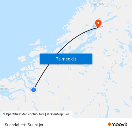 Sunndal to Steinkjer map