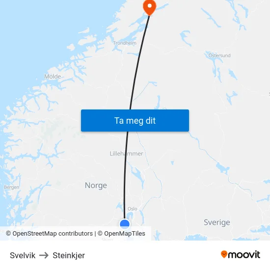 Svelvik to Steinkjer map