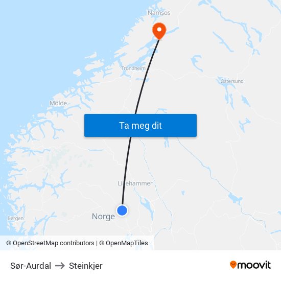 Sør-Aurdal to Steinkjer map