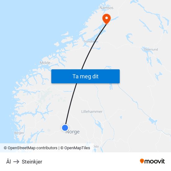 Ål to Steinkjer map