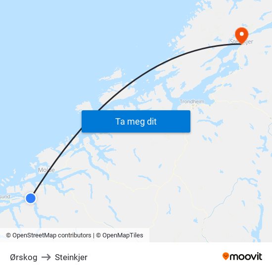 Ørskog to Steinkjer map