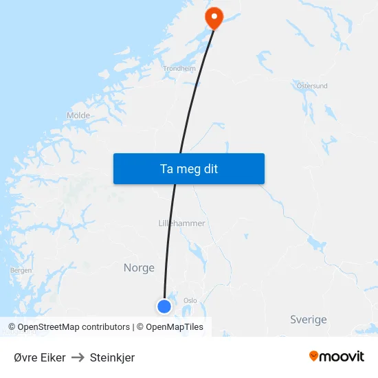 Øvre Eiker to Steinkjer map