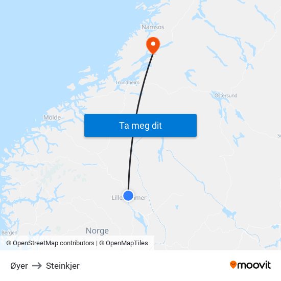 Øyer to Steinkjer map