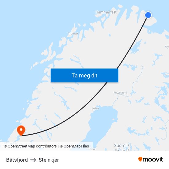 Båtsfjord to Steinkjer map