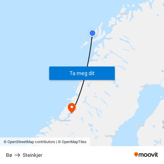 Bø to Steinkjer map