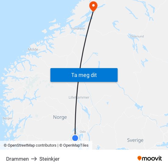 Drammen to Steinkjer map