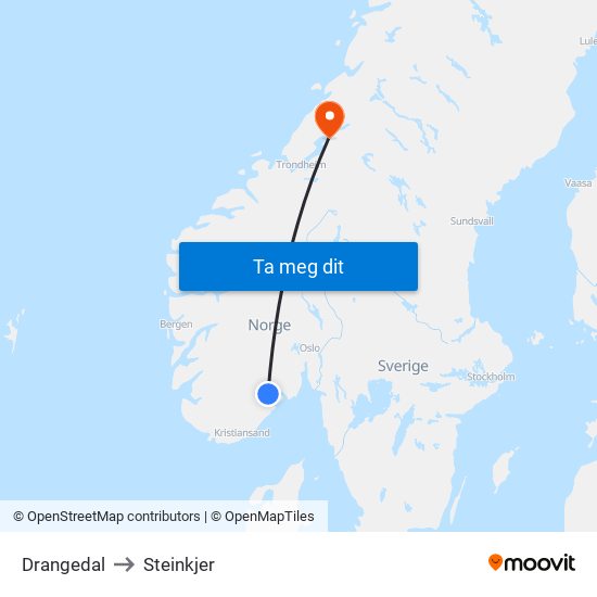 Drangedal to Steinkjer map