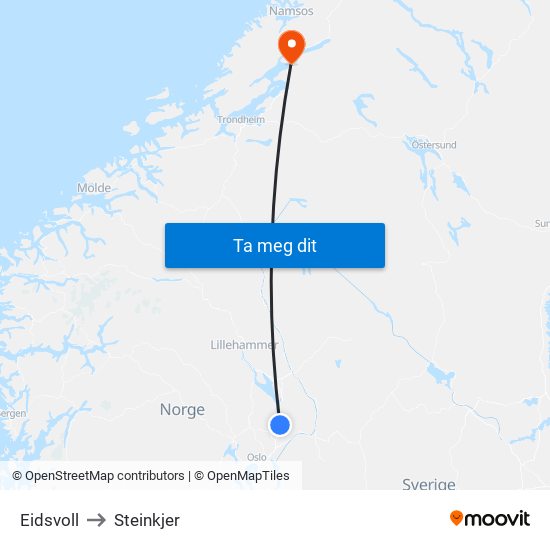 Eidsvoll to Steinkjer map