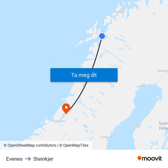 Evenes to Steinkjer map