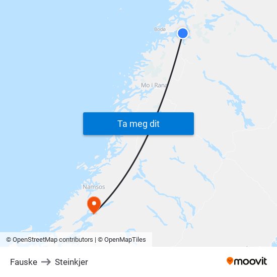 Fauske to Steinkjer map
