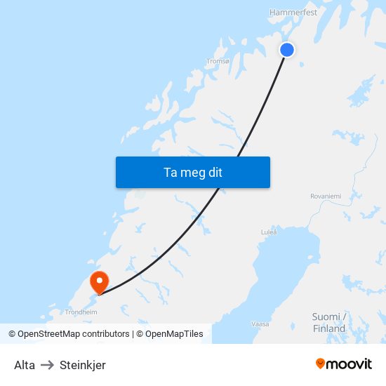 Alta to Steinkjer map